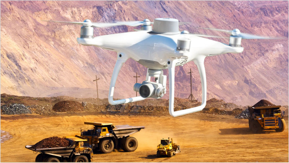 drone flying over construction site.